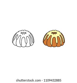 Hand drawn colored and outline bundt or flan cake isolated on white background.