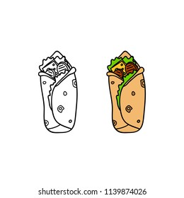Hand drawn colored and outline burrito isolated on white background.