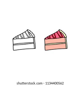 Hand drawn colored and outline cake slice isolated on white background.