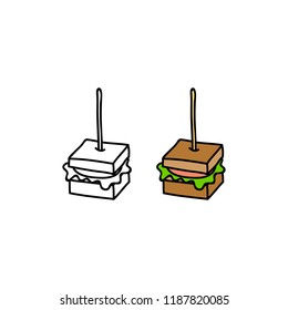 Hand drawn colored and outline canape sandwich isolated on white background.