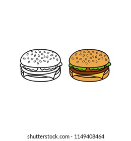 Hand drawn colored and outline cheeseburger isolated on white background.
