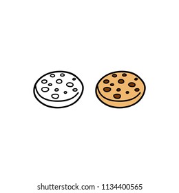 Hand drawn colored and outline chocolate chip cookie isolated on white background.