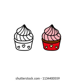 Hand drawn colored and outline cupcake with cream isolated on white background.