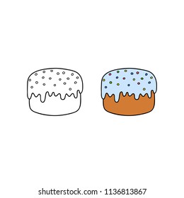 Hand drawn colored and outline easter kulich cake isolated on white background.