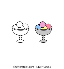 Hand drawn colored and outline ice cream balls in cup isolated on white background.