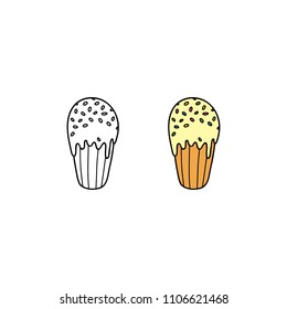 Hand drawn colored and outline kulich cake isolated on white background.