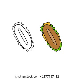 Hand drawn colored and outline long sandwich isolated on white background.