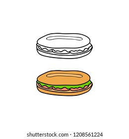Hand drawn colored and outline long sandwich isolated on white background.