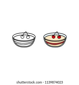 Hand drawn colored and outline pudding or dessert with cherry isolated on white background.