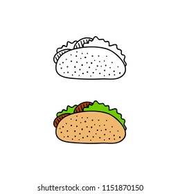 Hand drawn colored and outline taco isolated on white background.