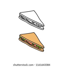 Hand drawn colored and outline triangle sandwich isolated on white background.