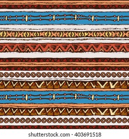 Hand drawn colored painted seamless pattern. Tribal bright ethnic seamless.  For invitation, web, textile, wallpaper, wrapping paper. Set of ink ethnic stripes