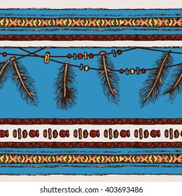 Hand drawn colored painted seamless pattern. Tribal bright ethnic seamless.  For invitation, web, textile, wallpaper, wrapping paper. Set of ink ethnic stripes