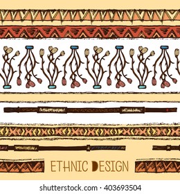 Hand drawn colored painted seamless pattern. Tribal bright ethnic seamless.. For invitation, web, textile, wallpaper, wrapping paper. Set of ink ethnic stripes