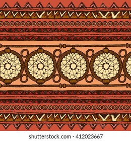 Hand drawn colored painted seamless pattern. Tribal bright ethnic seamless. For invitation, web, textile, wallpaper, wrapping paper. Set of ink ethnic stripes
