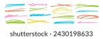 Hand drawn colored pencil lines and strikethrough set. Vector charcoal stripes, ovals and crossed rough lines. Horizontal straight strokes and strike trough collection. Underline and emphasis elements
