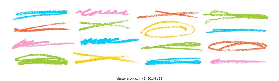 Hand drawn colored pencil lines and strikethrough set. Vector charcoal stripes, ovals and crossed rough lines. Horizontal straight strokes and strike trough collection. Underline and emphasis elements