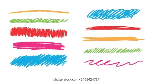 Hand drawn colored pencil lines and scribbles set on a white background. Horizontal straight strokes and strokes collection. Elements of underlining and highlighting