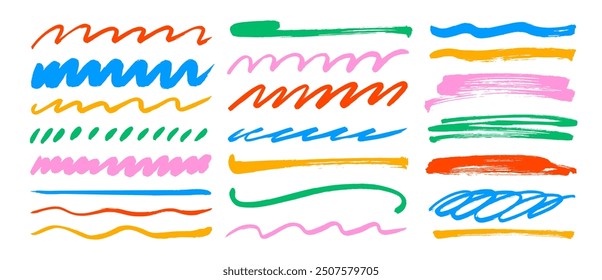 Dibujado a mano líneas de lápiz de colores y garabatos conjunto. Vector de cepillo de frotis, subrayados rectos y remolinos. Doodle estilo sketchy trazos conjunto, swooshes y olas. Horizontal colección de trazos ondulados.