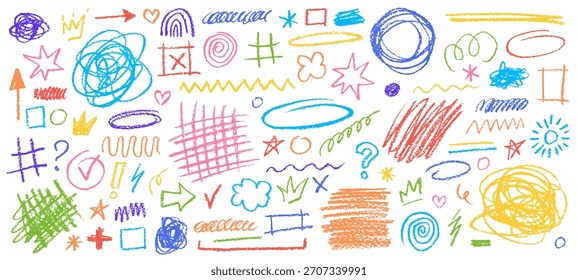 Hand drawn colored pencil scribbles, rough sketch stars, and underlines. Grunge chalk graphics elements, colorful charcoal arrows, circles and squiggles, abstract crayon textured doodles vector set