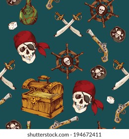 Hand drawn colored pirates seamless pattern with dices skull saber vector illustration
