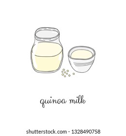 Hand drawn colored quinoa milk in glass bottle and mug isolated on white background.