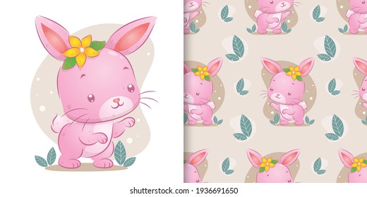 La mano dibujada del conejo coloreado con las flores brillantes en su cabeza de ilustración