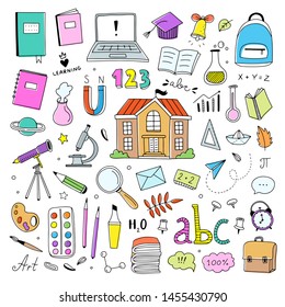 Hand drawn colored school icons on white background. Vector sketch back to school learning illustration set