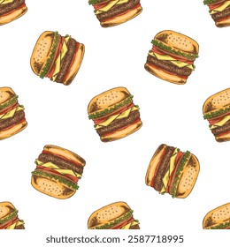 Hand drawn colored seamless pattern with tasty cheeseburgers in vintage style 