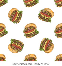 Hand drawn colored seamless pattern with tasty cheeseburgers in vintage style 