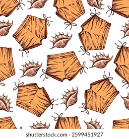 hand drawn colored seamless pattern with summer shorts and seashells in vintage style