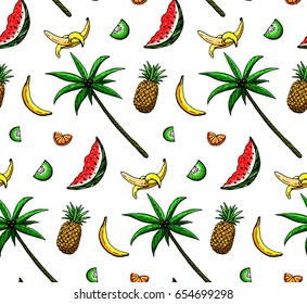 hand drawn colored seamless pattern with summer fruits: banana, orange, watermelon, ananas