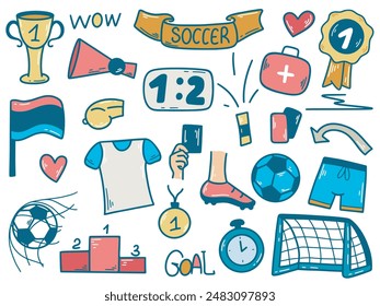 Conjunto de colores dibujado a mano de Elementos de fútbol. Equipamiento deportivo, ropa, premios y otros artículos, estilo de dibujo de garabatos, gráficos de Vector