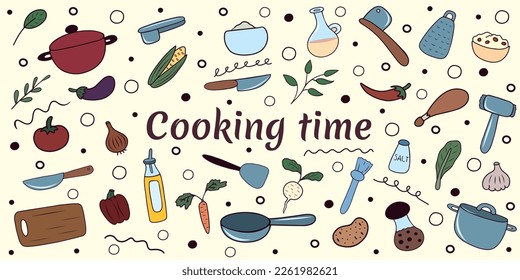 Hand drawn colored set of kitchen items and food for cooking doodle on a light background background. Vector illustration of cooking time. Template for wallpaper, patterns, textile, web page 