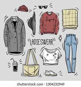 Hand drawn colored set of ladies wear sketches: t-shirt, overcoat, sweatshirt, bag, scarf, jeans, boots and accessories. Vector isolated outline on white background