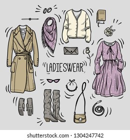 Hand drawn colored set of ladies wear sketches: dress, coat, knitted jacket, bag, scarf, gloves, boots and accessories. Vector isolated outline on white background