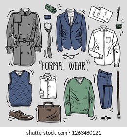 Hand drawn colored set of men's formal style wear sketches: shirts, jumper, pants, jacket, waist, coat, boots, watches, tie, belt and accessories. Vector isolated outline