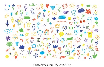Hand drawn colored set of simple decorative elements. Various icons such as hearts, stars, speech bubbles, arrows, lines isolated on white background.