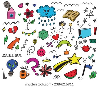 Hand drawn colored set of simple decorative elements. Various icons such as hearts, stars, speech bubbles, arrows, lines isolated on white background.