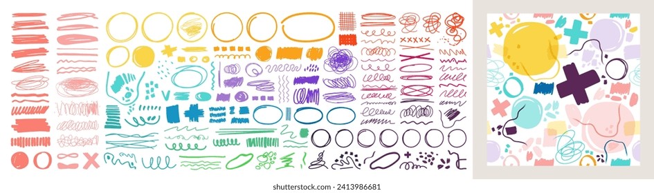 Hand drawn colored set of simple decorative elements. Various icons such as hearts, stars, speech bubbles, arrows, lines isolated on white background