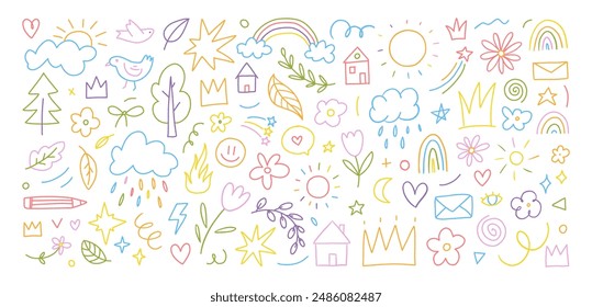 Hand drawn colored set of simple decorative childish elements. Various kid outline icons. Various simple vector illustrations such as hearts, crowns, cloud, sun, flowers, stars, houses, trees, lines.