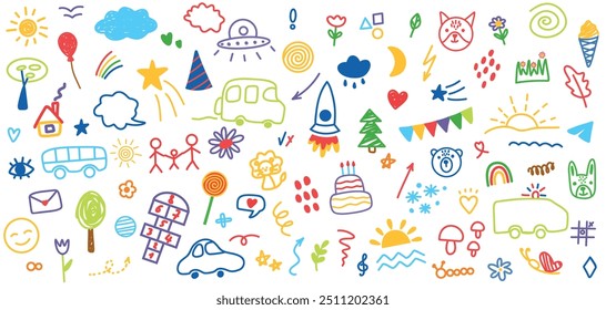 Hand drawn colored set of simple decorative childish elements. Various kid outline icons. Various simple vector illustrations such as hearts, crowns, cloud, sun, flowers, stars, houses, trees, lines.