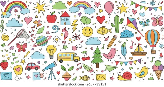 Hand drawn colored set of simple decorative childish elements. Various kid outline icons. 