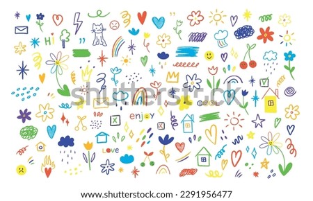 Hand drawn colored set of simple decorative elements. Various icons such as hearts, stars, speech bubbles, arrows, lines isolated on white background. Foto d'archivio © 