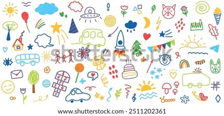 Hand drawn colored set of simple decorative childish elements. Various kid outline icons. Various simple vector illustrations such as hearts, crowns, cloud, sun, flowers, stars, houses, trees, lines.