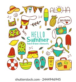 Hand drawn colored set of summer elements with a hat, ice cream, garland of flags,  bag, top,  skirt,  pineapple, camera, swimsuit, watermelon,  lemon, lifebuoy, shorts, suitcase, flip-flop, sunscreen