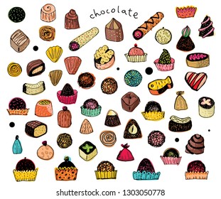 A hand drawn and colored set of variety chocolates and cookies. Confectionery. Caricature. Cartoon.