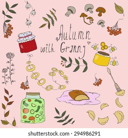 Hand drawn colored set of various foods and things which associate with grandmother's house and lifestyle. The image can be used as an illustration for all possible purposes.