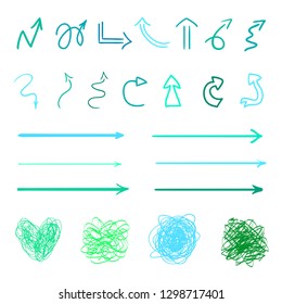 Hand drawn colored shapes on white. Abstract frameworks and arrows. Line art. Set of different signs. Colorful illustration. Doodles for artwork
