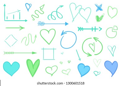 Hand drawn colored shapes on white. Abstract frameworks and arrows. Line art. Set of different signs. Colorful illustration. Doodles for artwork
